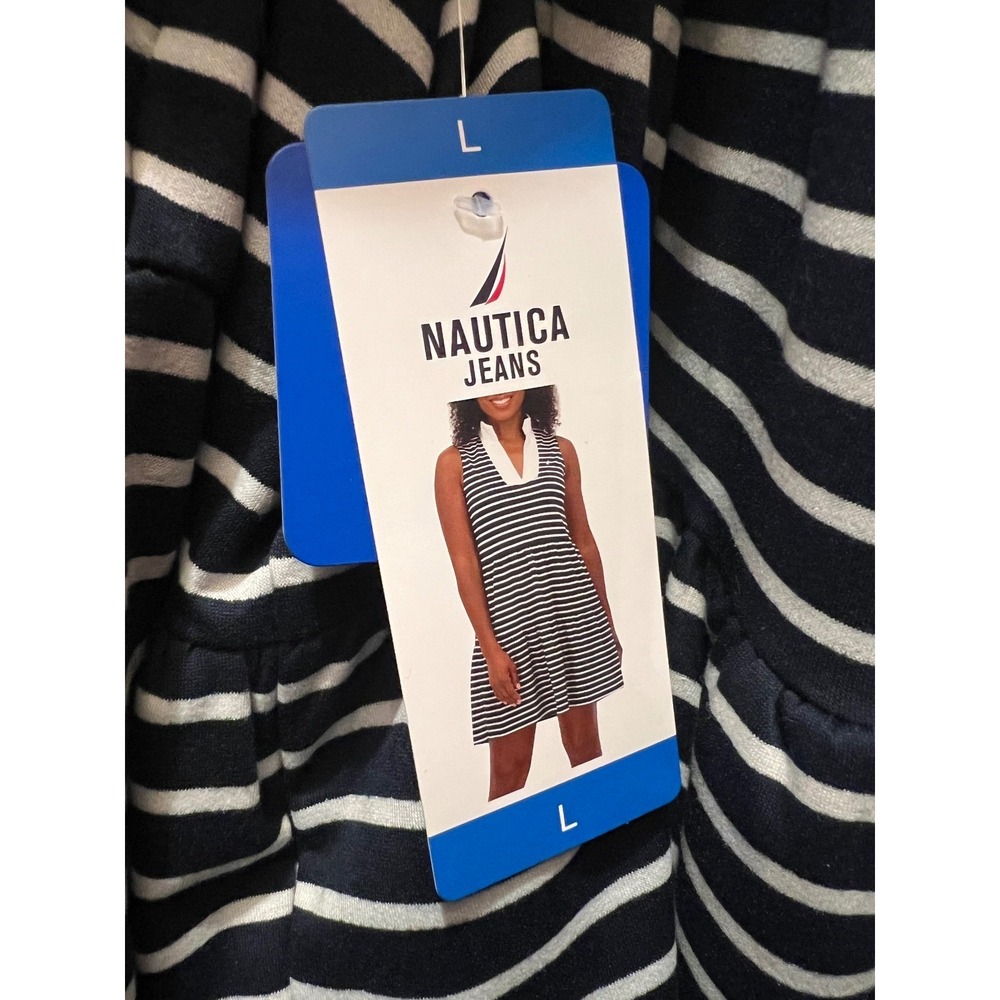 NAUTICA Tiered Mini Dress Womens Large Navy White Striped Sleeveless Pockets NWT - Picture 7 of 16